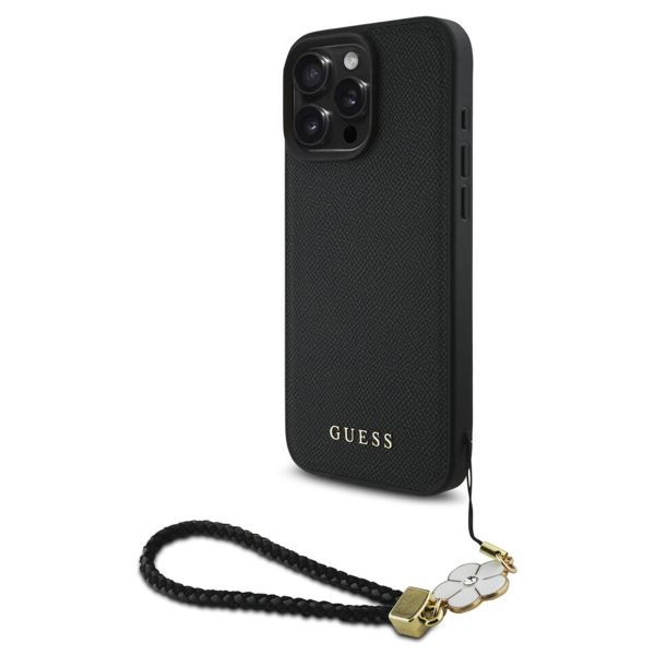 Guess Coque Grained MagSafe avec Flower Charm Strap iPhone 16 Pro Max - Noir