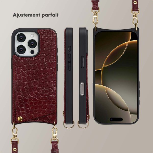 Selencia Coque de télephone Nova Croco avec cordon et porte-cartes Apple iPhone 16 Pro - Burgundy