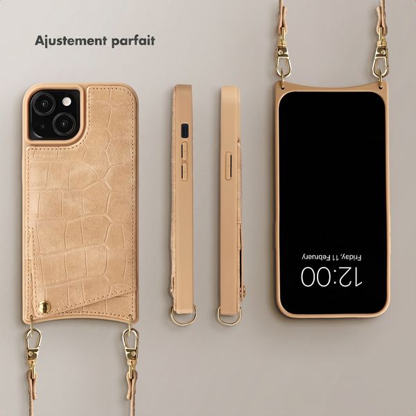 Selencia Coque de télephone Nova Croco avec cordon et porte-cartes Apple iPhone 15 - Toasted Almond
