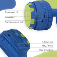 imoshion Casque sans fil pour enfants Dino LED Light - Limiteur de décibels - Avec câble AUX - Cobalt Blue / Lime
