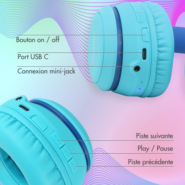 imoshion Casque sans fil pour enfants LED Light - Limiteur de décibels - Avec câble AUX - Cobalt Blue / Soft Blue