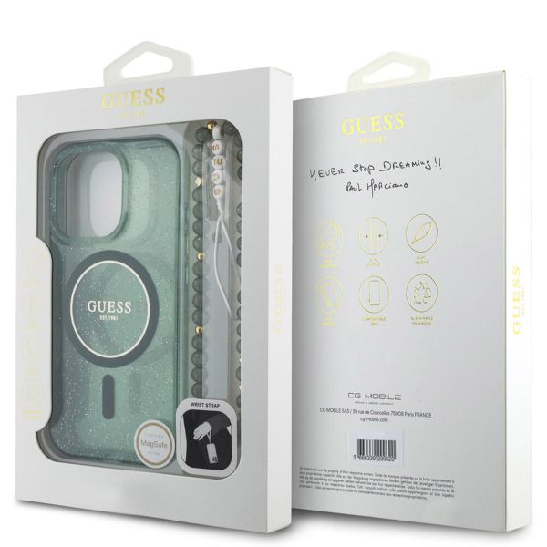 Guess MagSafe IML Glitter Case avec beads strap iPhone 16 Pro - Green