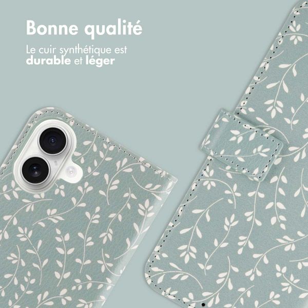 imoshion Étui de télephone portefeuille Design Apple iPhone 16 - Smoke Green Flowers