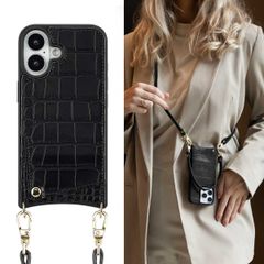 Selencia Coque Croco avec cordon et porte-cartes Nova iPhone 16 - Black