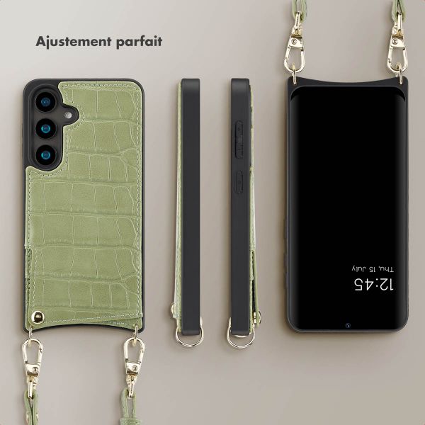 Selencia Coque Croco avec cordon et porte-cartes Nova Samsung Galaxy S24 - Sage Green