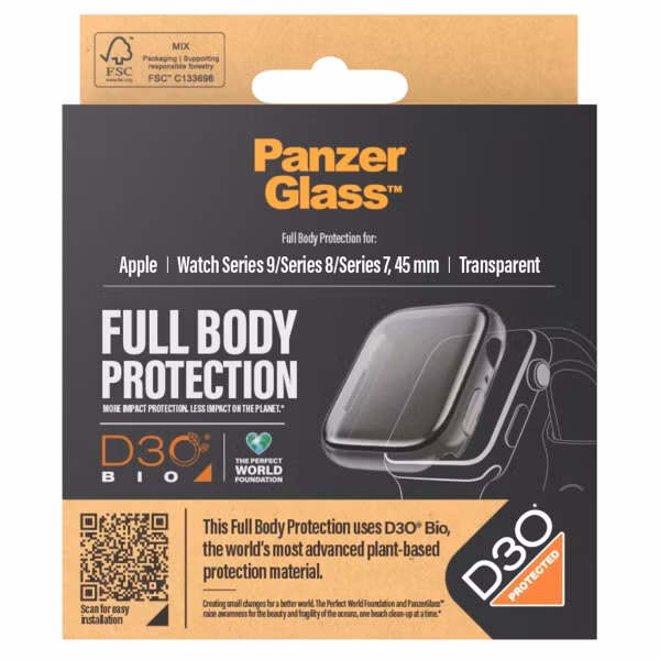 PanzerGlass Coque intégrale D3O® Bio Apple Watch 7 / 8 / 9 - 45 mm - Transparent