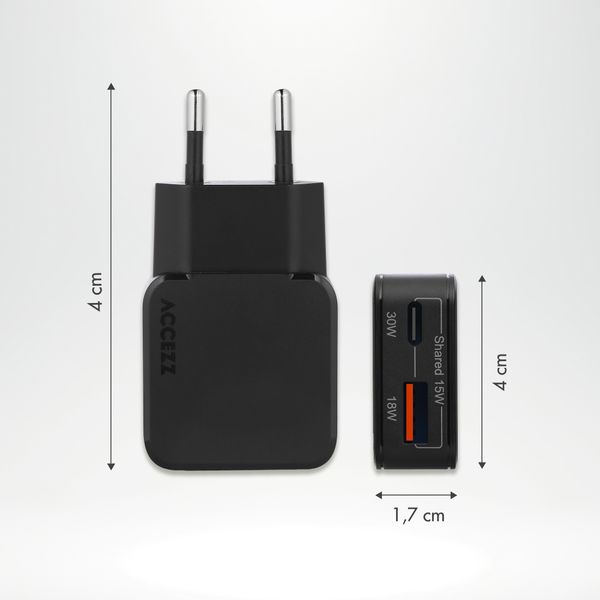 Accezz Chargeur GaN Ultra Slim - USB-C + USB-A - 30 W - Noir