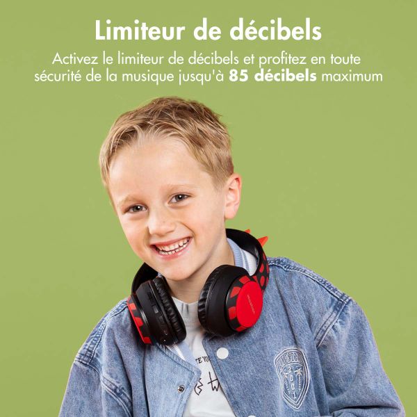 imoshion Casque sans fil pour enfants Dino LED Light - Limiteur de décibels - Avec câble AUX - Black / Red