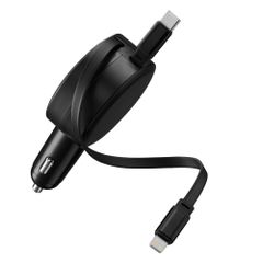 Accezz Chargeur voiture avec câbles rétractables – USB-C / Lightning – 57W – Noir