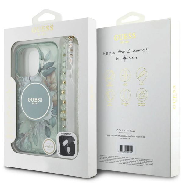 Guess MagSafe IML Flowers Case avec beads strap iPhone 15 - Green