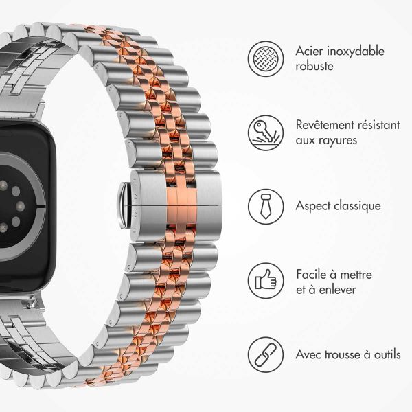 Selencia Bracelet Metallique Jubilee Apple Watch Series 1 t/m 9 / SE (38/40/41 mm) | Series 10 / 11 (42 mm) - Zilver & Rosé Goud / Silver & Rose Gold