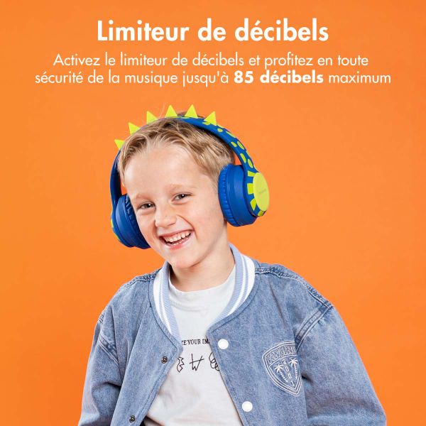 imoshion Casque sans fil pour enfants Dino LED Light - Limiteur de décibels - Avec câble AUX - Cobalt Blue / Lime