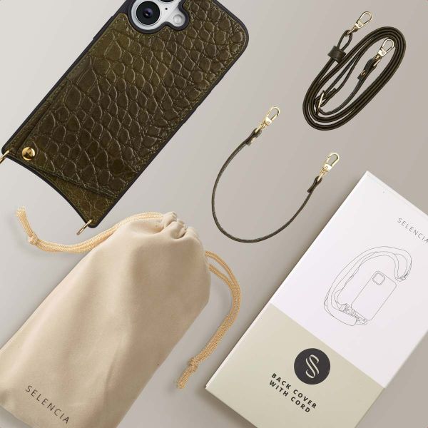 Selencia Coque de télephone Nova Croco avec cordon et porte-cartes Apple iPhone 16 - Dark Olive
