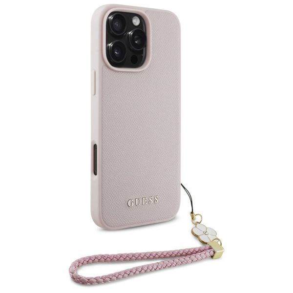 Guess Coque Grained MagSafe avec Flower Charm Strap iPhone 16 Pro - Rose