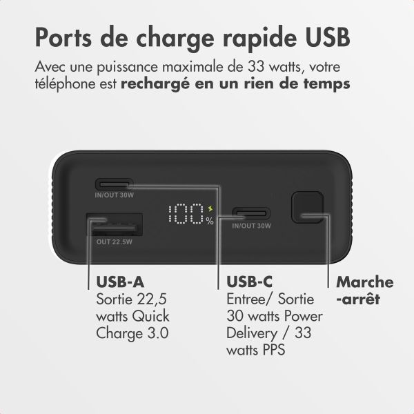 imoshion Ultra Series Aluminium | Batterie externe 20.000 mAh - Charge rapide jusqu'à 33 watts - Noir