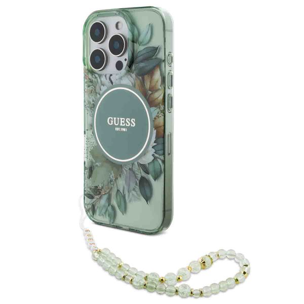 Guess MagSafe IML Flowers Case avec beads strap Apple iPhone 16 Pro - Green