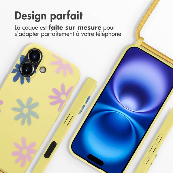 imoshion Coque design en silicone avec cordon Apple iPhone 16 - Yellow Flower Distance