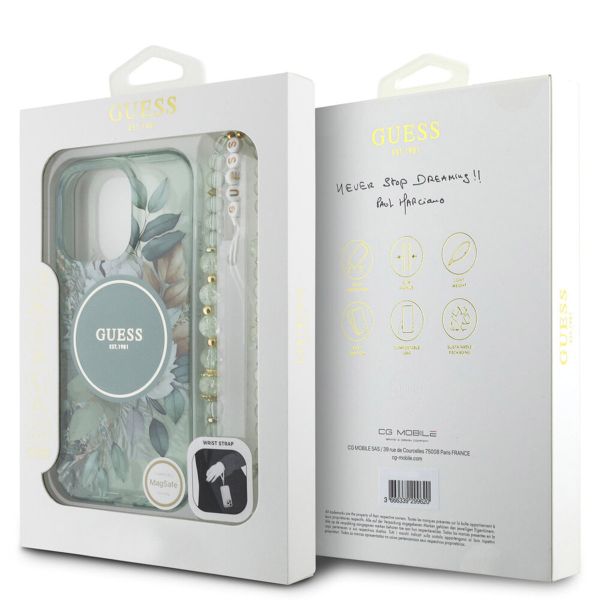 Guess MagSafe IML Flowers Case avec beads strap Apple iPhone 15 Pro Max - Green