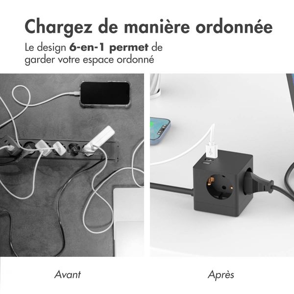 Accezz PowerCube Strip | 6-en-1 - 1x USB-C + 2x USB-A + 3x prise - 4000 watts - Noir