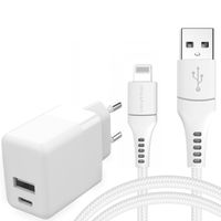 imoshion Chargeur de voiture avec câble Lightning vers USB - Chargeur - certifié MFi - Textile tissé - 20 Watt - 1,5 mètres - Blanc