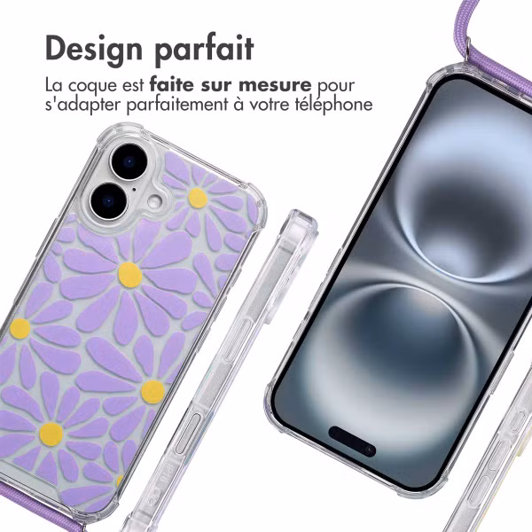 imoshion Coque Design avec cordon Apple iPhone 16 - Tropical Violet Flowers Connect