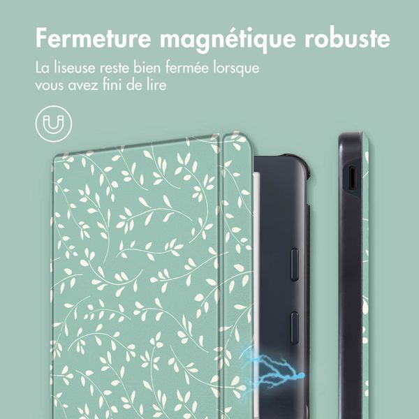 imoshion Design Slim Hard Sleepcover avec support Kobo Libra Colour - Smoke Green Flowers