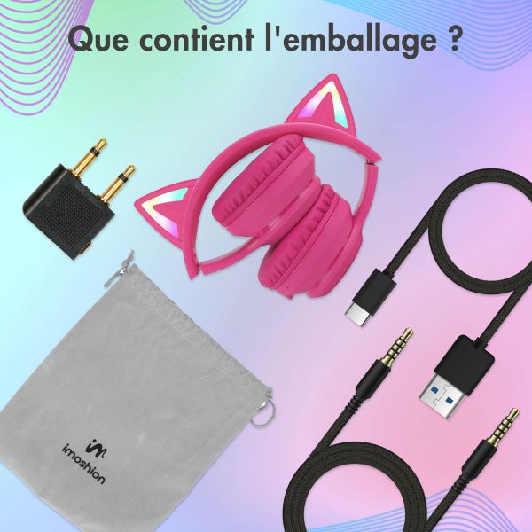 imoshion Casque sans fil pour enfants LED Light Cat Ear - Limiteur de décibels - Avec câble AUX - Hot Pink