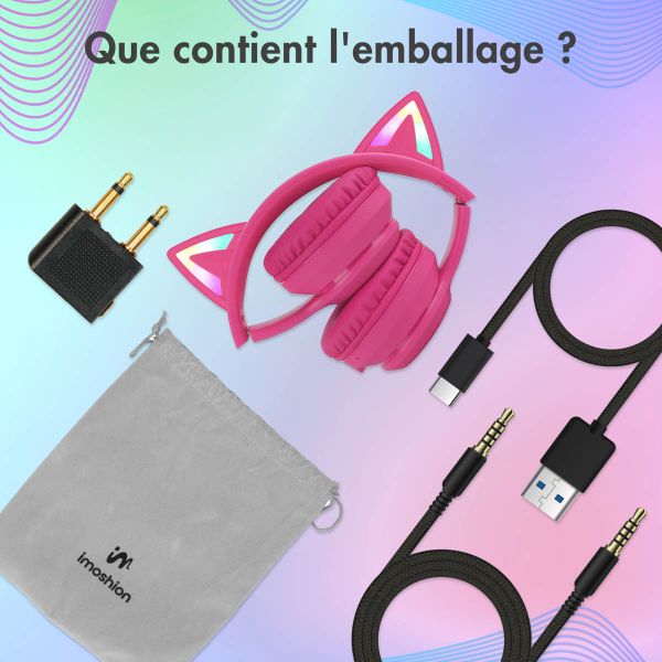 imoshion Casque sans fil pour enfants LED Light Cat Ear - Avec câble AUX - Hot Pink