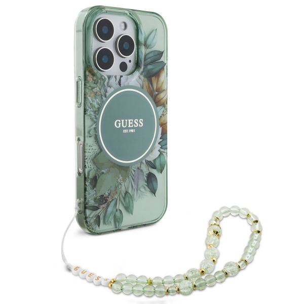 Guess MagSafe IML Flowers Case avec beads strap Apple iPhone 16 Pro - Green