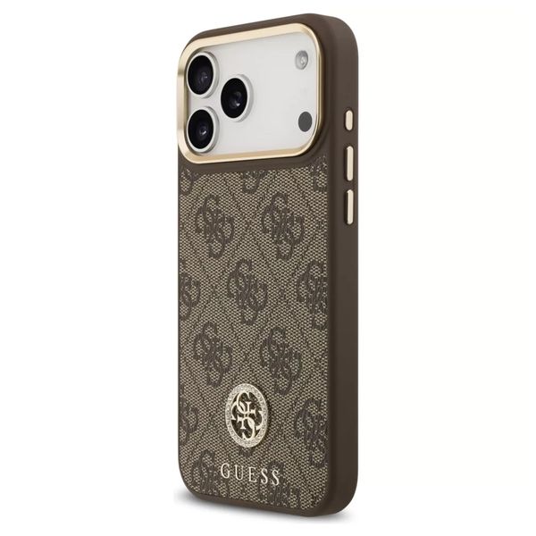 Guess Coque arrière en cuir avec logo Strass classique et MagSafe Apple iPhone 17 Pro - Marron