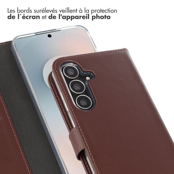 Selencia Étui portefeuille en cuir véritable Samsung Galaxy S25 FE - Marron foncé