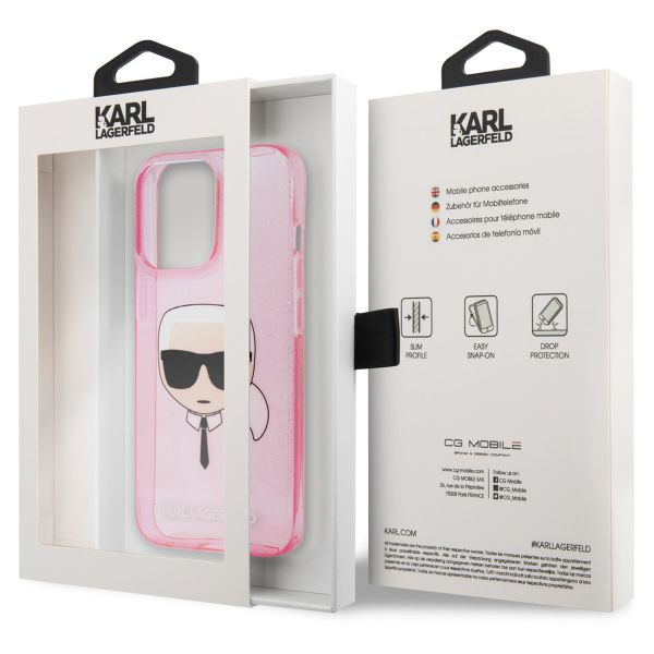 Karl Lagerfeld Coque arrière Karl's Head Silicone Glitter iPhone 13 Pro - Transparent Rose