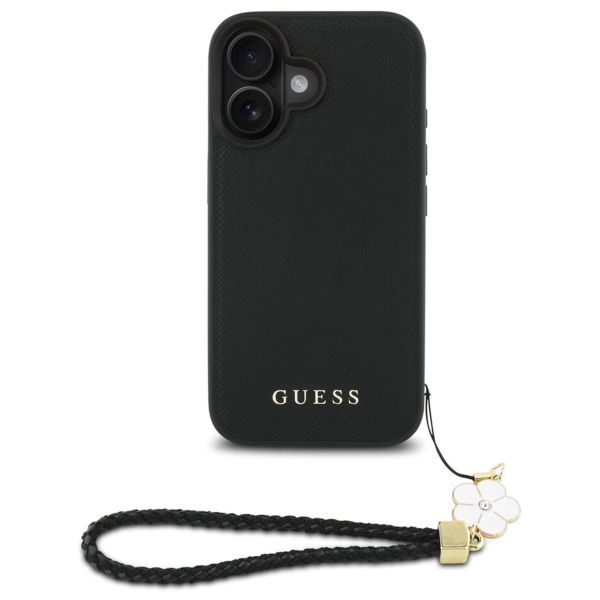 Guess Coque Grained MagSafe avec Flower Charm Strap Apple iPhone 16 - Noir