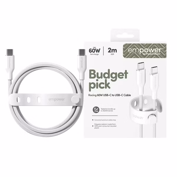 Empower by PanzerGlass Câble de recharge Racing USB-C vers USB-C - 60 W - 2 mètres - Silver White