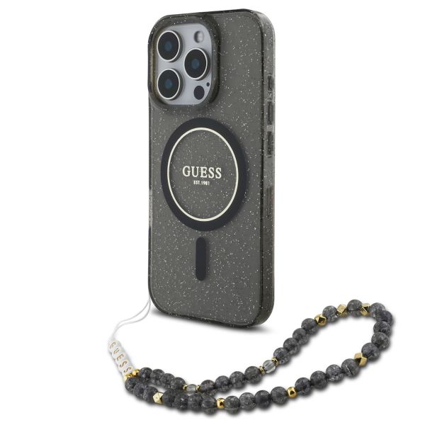 Guess MagSafe IML Glitter Case avec beads strap iPhone 16 Pro Max - Black