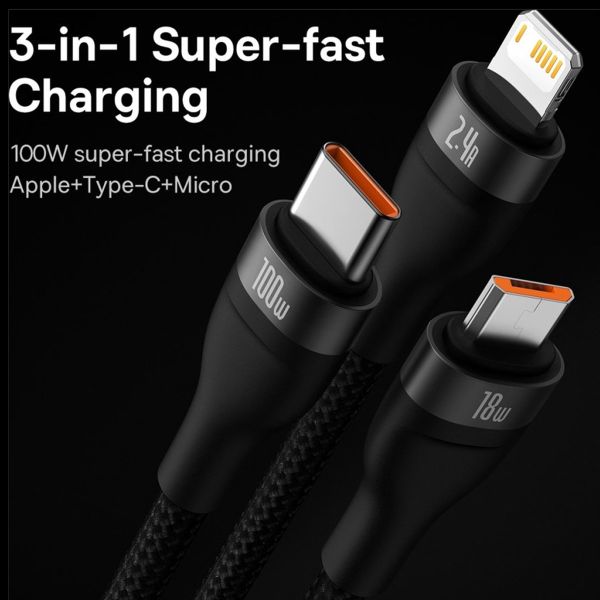 Baseus Flash Series 2 câble de charge rapide 3 en 1 - USB-A vers USB-C / Lightning / Micro-USB - 100 Watt - 1,2 mètres - Noir