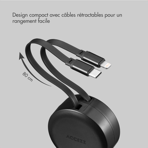 Accezz Chargeur voiture avec câbles rétractables – USB-C / Lightning – 57W – Noir