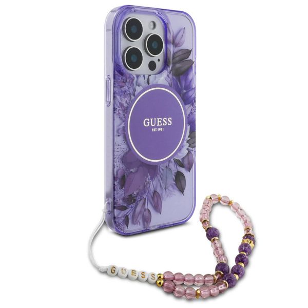 Guess MagSafe IML Flowers Case avec beads strap iPhone 15 Pro Max - Purple