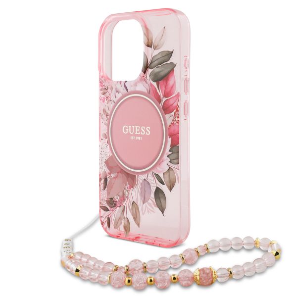 Guess MagSafe IML Flowers Case avec beads strap iPhone 15 Pro - Pink