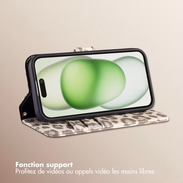 Selencia Étui de télephone portefeuille imprimé léopard Sabi Apple iPhone 15 - Soft Ivory