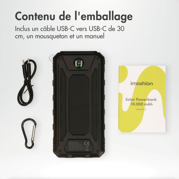 imoshion Solar Powerbank - Batterie externe avec panneau solaire - Charge rapide et fourniture d'énergie - 10.000 mAh - Noir