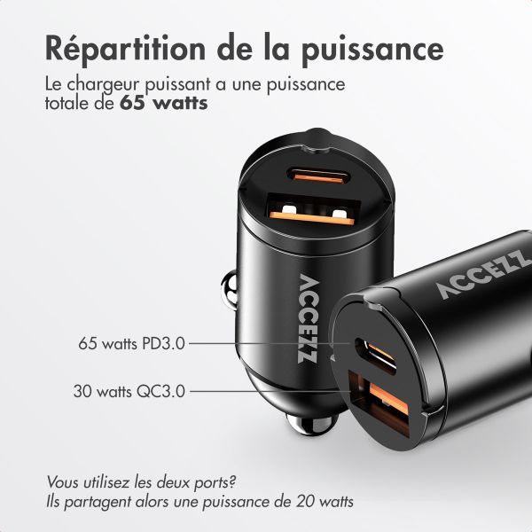 Accezz Chargeur de voiture | Chargeur rapide avec 2 ports - USB-A 30 watts + USB-C 65 watts - Noir