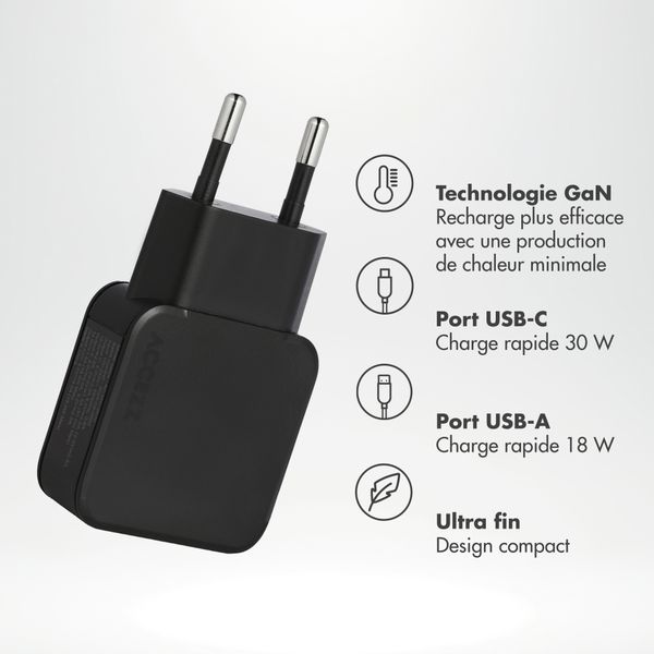 Accezz Chargeur GaN Ultra Slim - USB-C + USB-A - 30 W - Noir