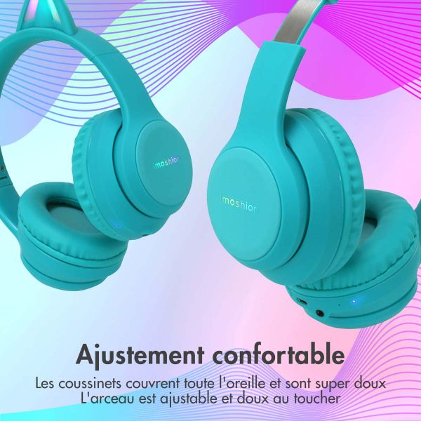 imoshion Casque sans fil pour enfants LED Light Cat Ear - Limiteur de décibels - Avec câble AUX - Bleu clair
