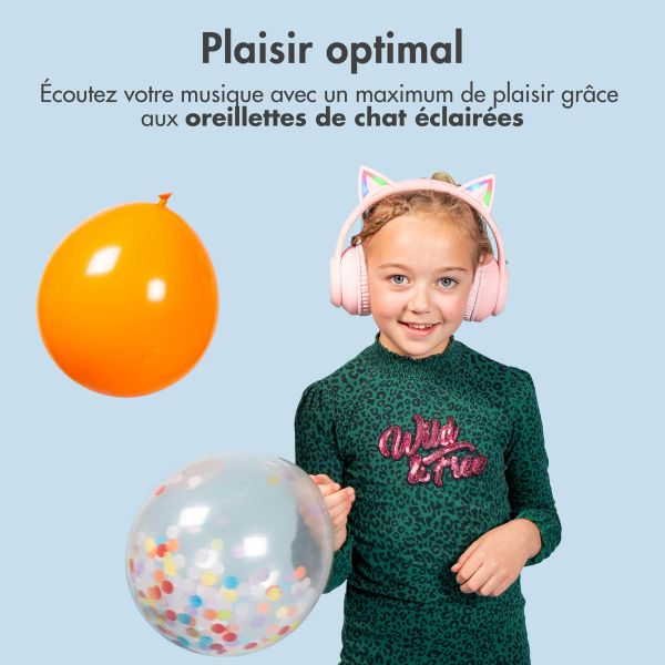 imoshion Casque sans fil pour enfants LED Light Cat Ear - Limiteur de décibels - Avec câble AUX - Rose