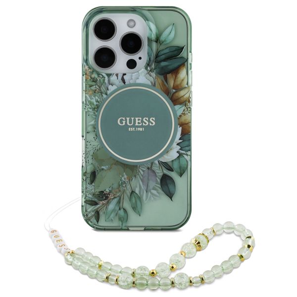 Guess MagSafe IML Flowers Case avec beads strap Apple iPhone 16 Pro - Green