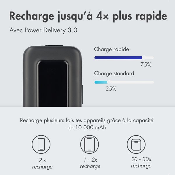 imoshion Batterie externe avec câble rétractable 10 000 mAh - Power Delivery - USB-C + Lightning - Noir