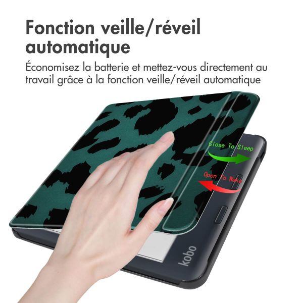 imoshion Design Slim Hard Sleepcover avec support Kobo Libra Colour - Green Leopard