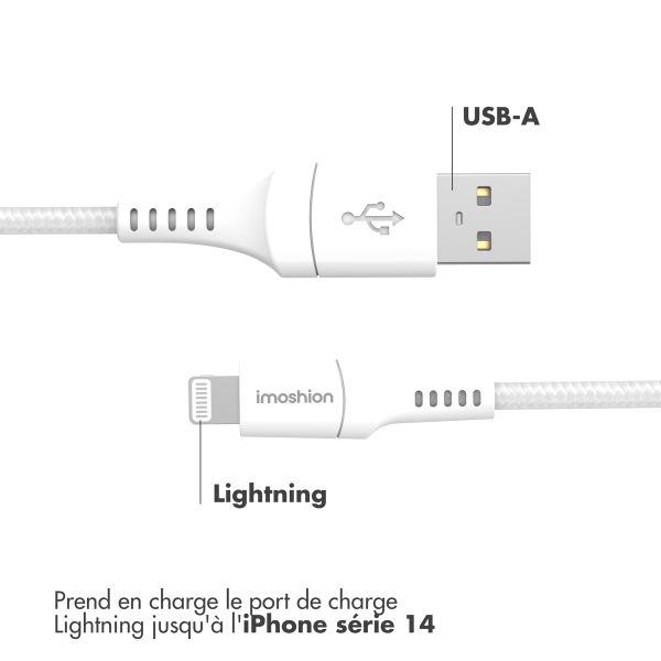 imoshion ﻿Câble Lightning vers USB - Non MFi - Textile tressé - 1,5 mètre - Blanc