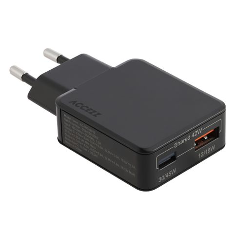 Accezz Chargeur GaN Ultra Slim - USB-C + USB-A - 45 W - Noir